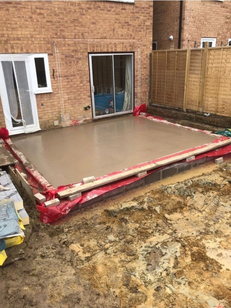 Concrete floor slab during rear extension construction
